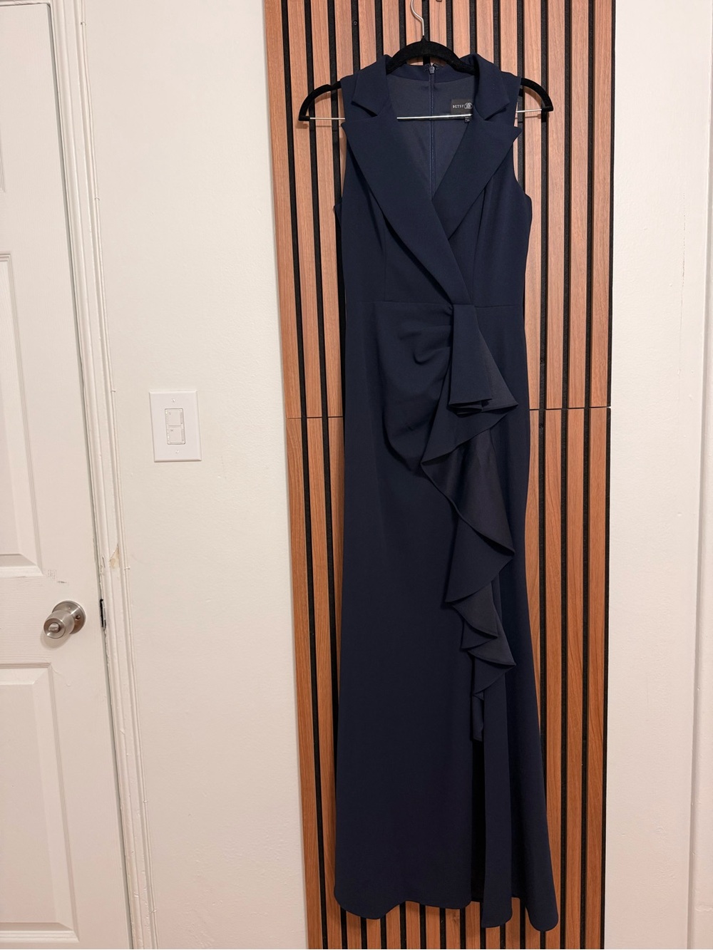 Betsy & Adam Navy Sleeveless Ruffle-Front Maxi Dress